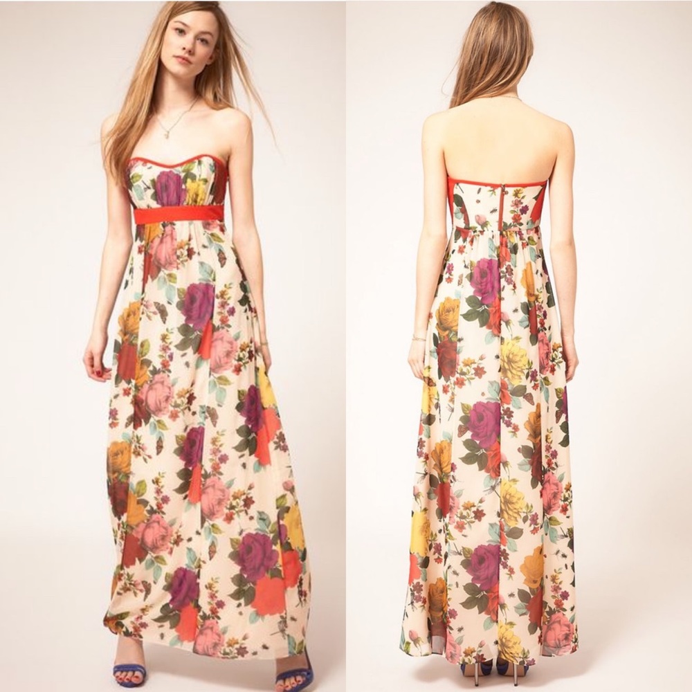 Ted Baker Cream Maxi Dress with Multicolor Floral Print and Red Waistband